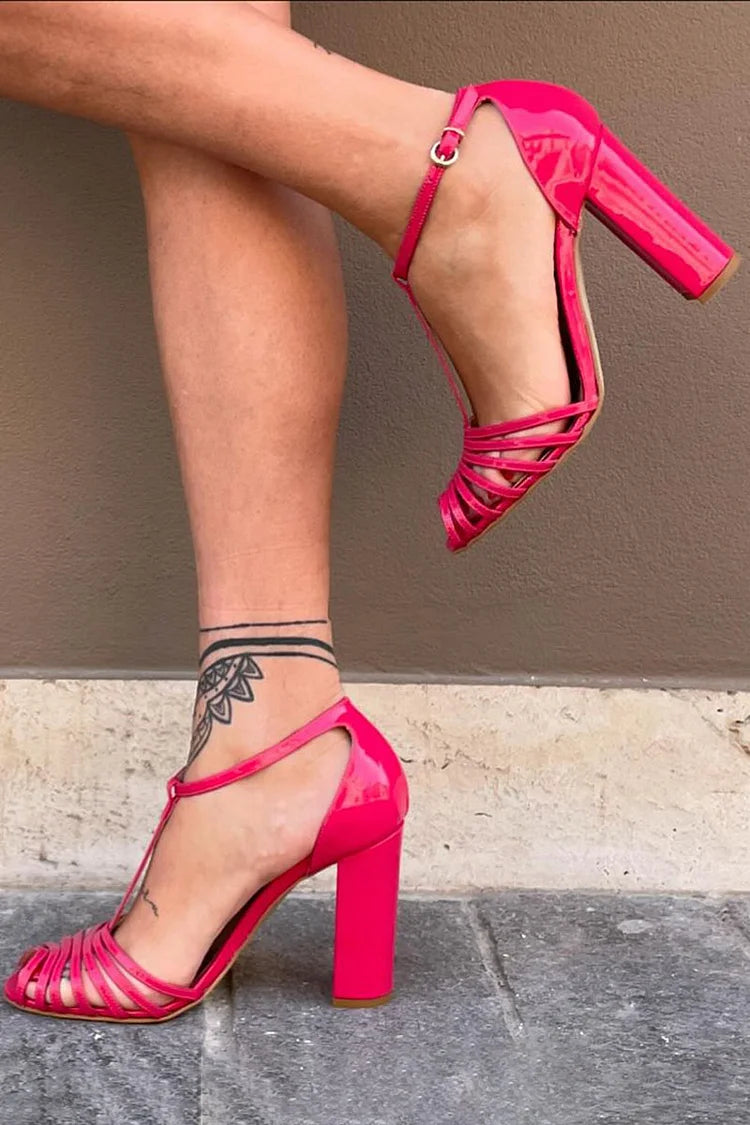 Scarpe Fuchsia con T-Bar, Fibbia, Punta Aperta e Tacco Grosso