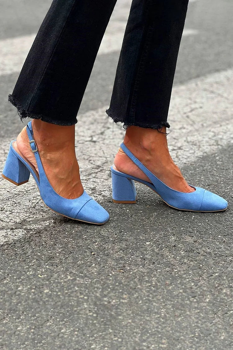 Quadratische Zehen Patchwork Slingback blaue klobige Absätze