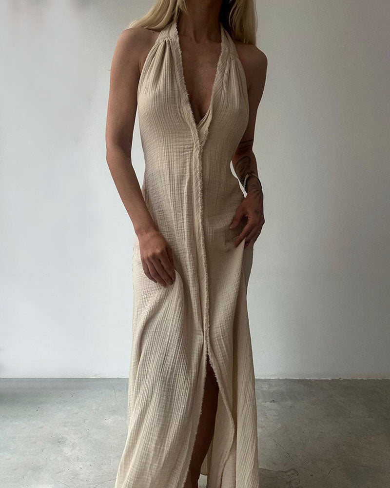 Elegantes V-Ausschnitt Schnürung Baumwolle Leinen Kleid