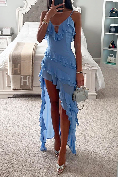 Vestido de tirantes de fiesta con dobladillo alto-bajo, cuello en V y volantes