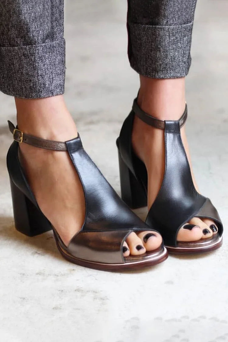 Patchwork Peep Toe mit Knöchelriemen, schwarze Blockabsätze