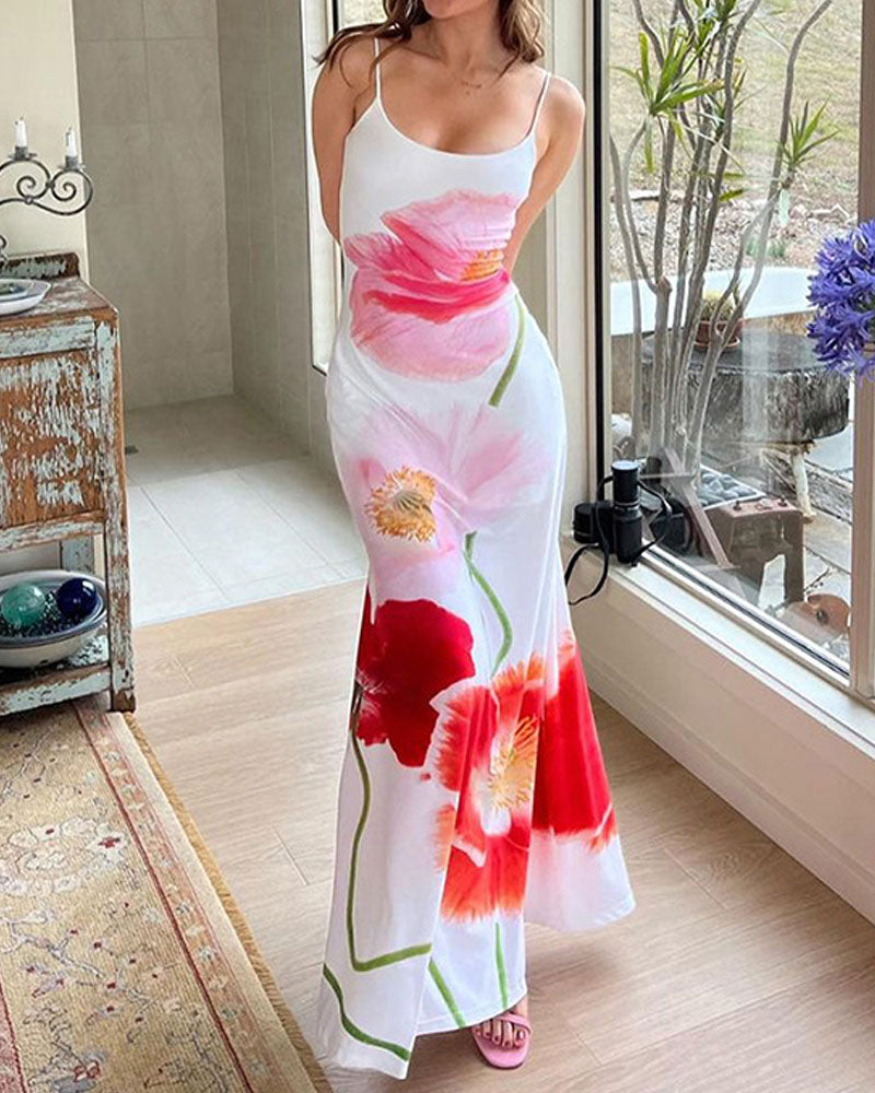 Abito lungo sexy con stampa floreale, scollo all'americana e schiena scoperta