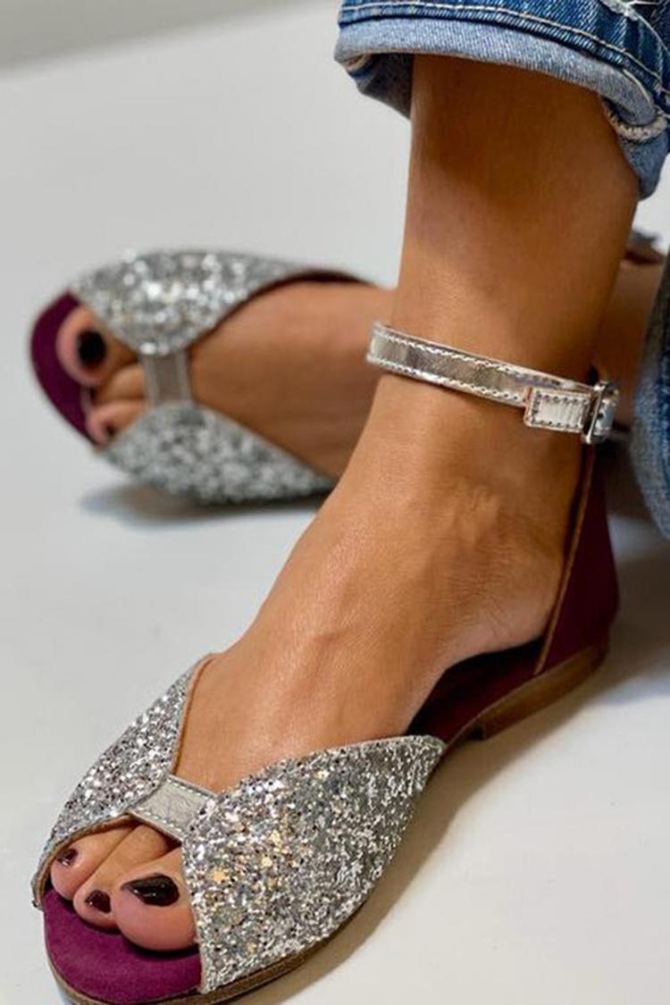 Ankle Strap Buckle Peep Toe Glitter Silver Sandals