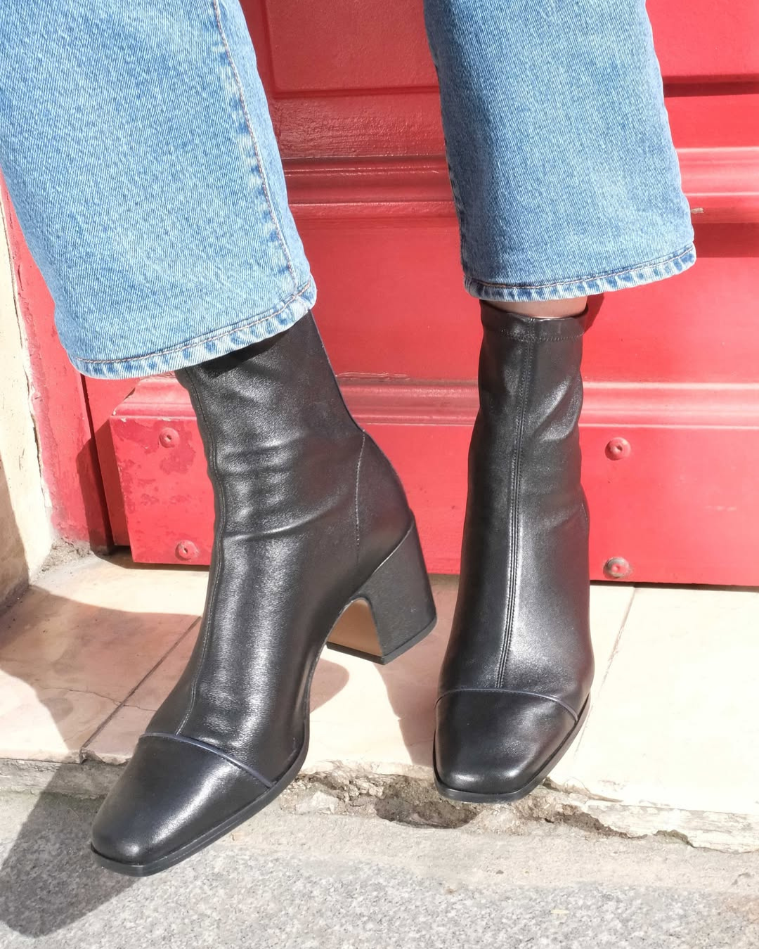 Colorblock Zipper Square Toe Low Block Heel Black Ankle Boots