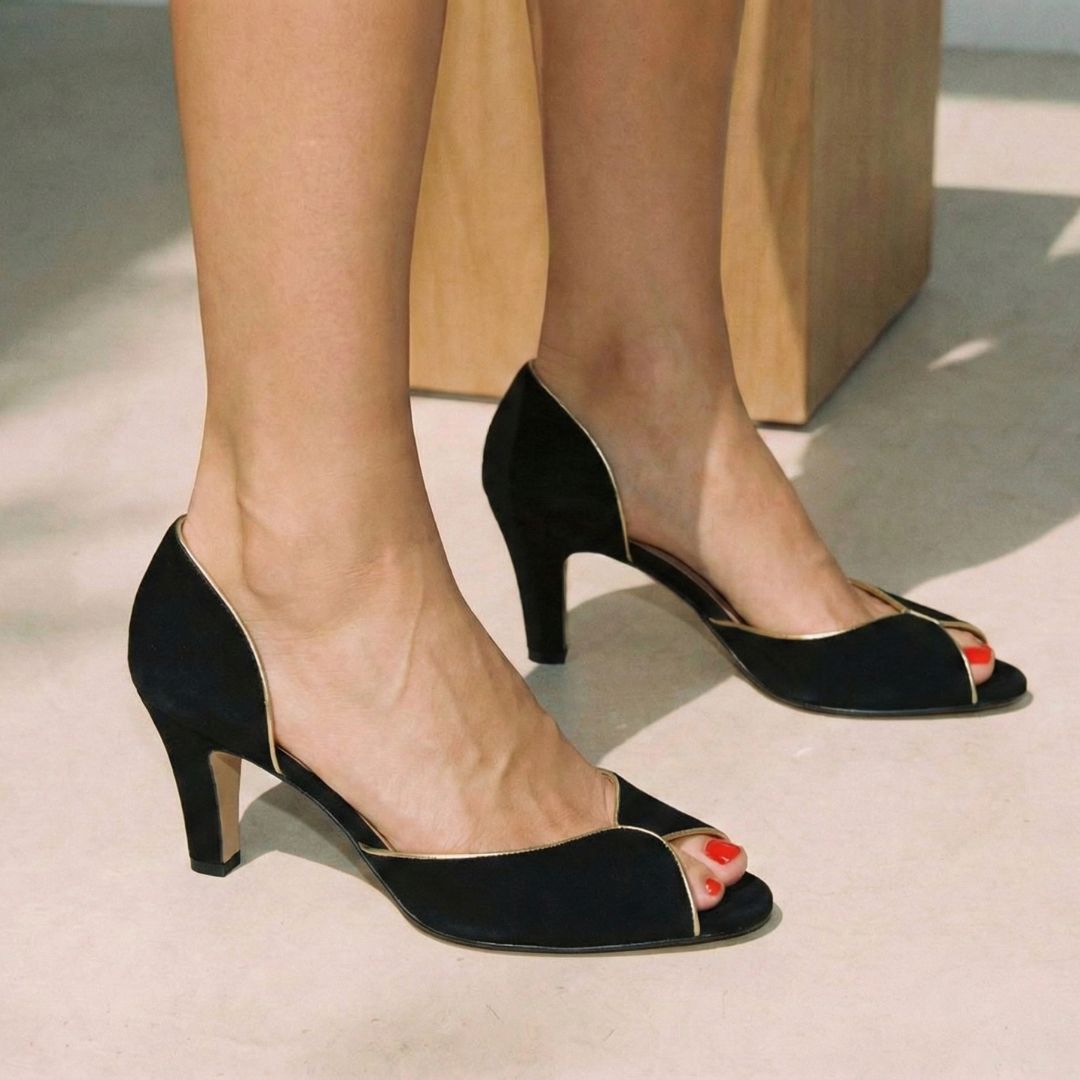 Elegant Black Suede Gold Trimmed Peep Toe Mid Heels