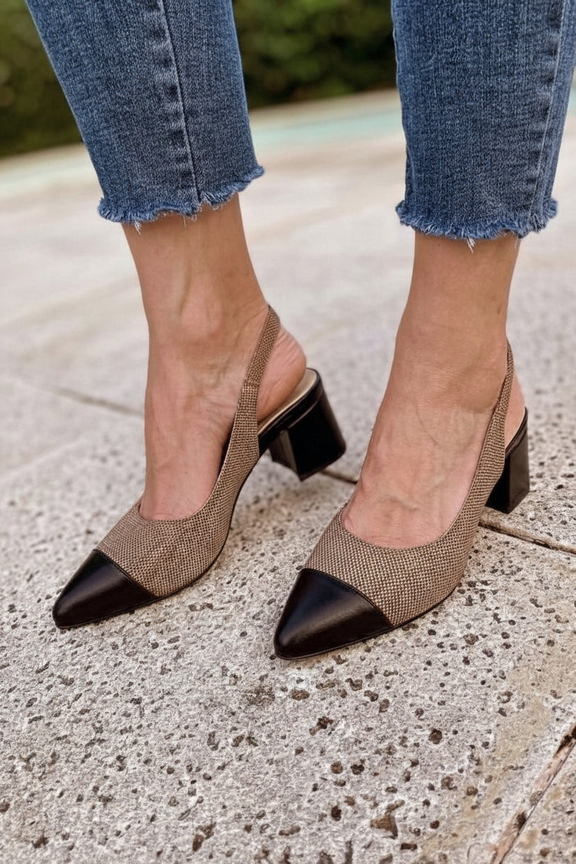 Color Block Pointed Toe Fabric Panel Slingback Block Heels