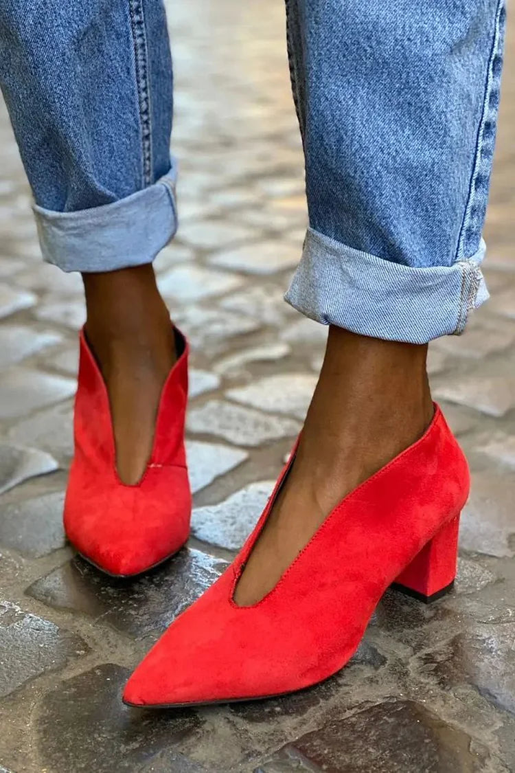 Kunstleder Ausgeschnitten Slip-On Spitz Zehen Klobige Absätze