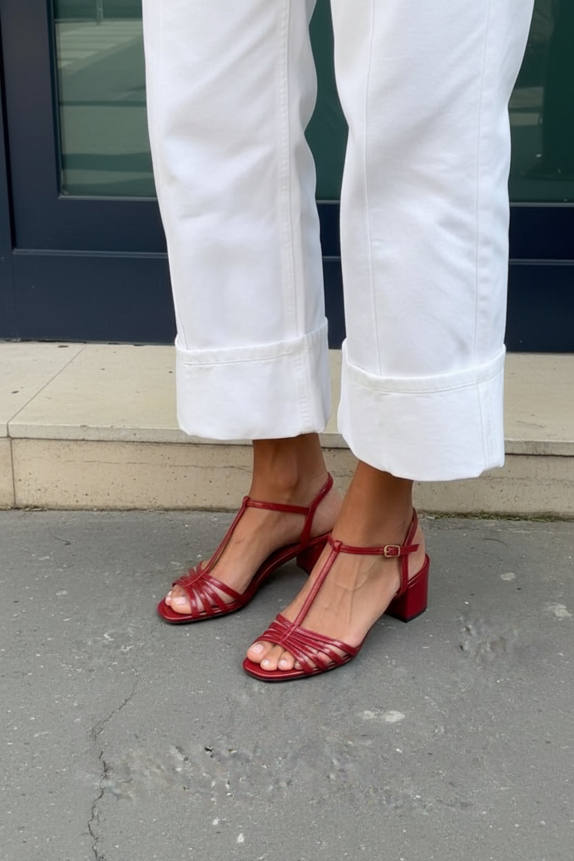 Chic Red T-Strap Multi-Strap Block Heel Sandals