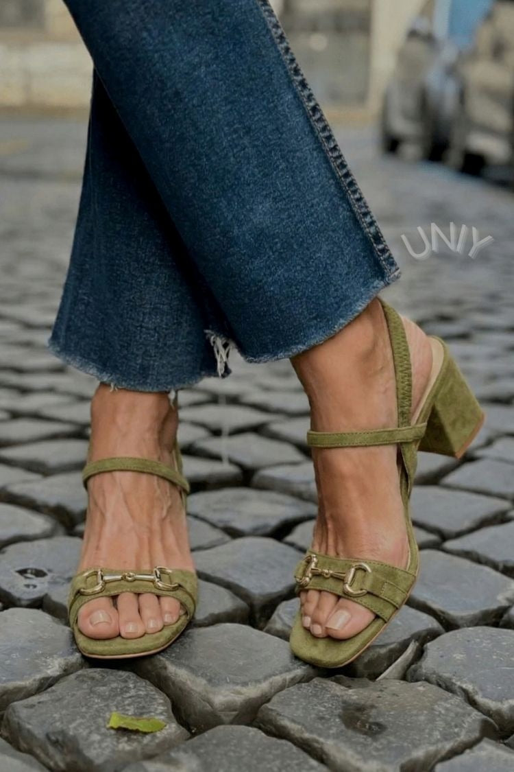 Olive Green Suede Horsebit Block Heel Slingback Sandals