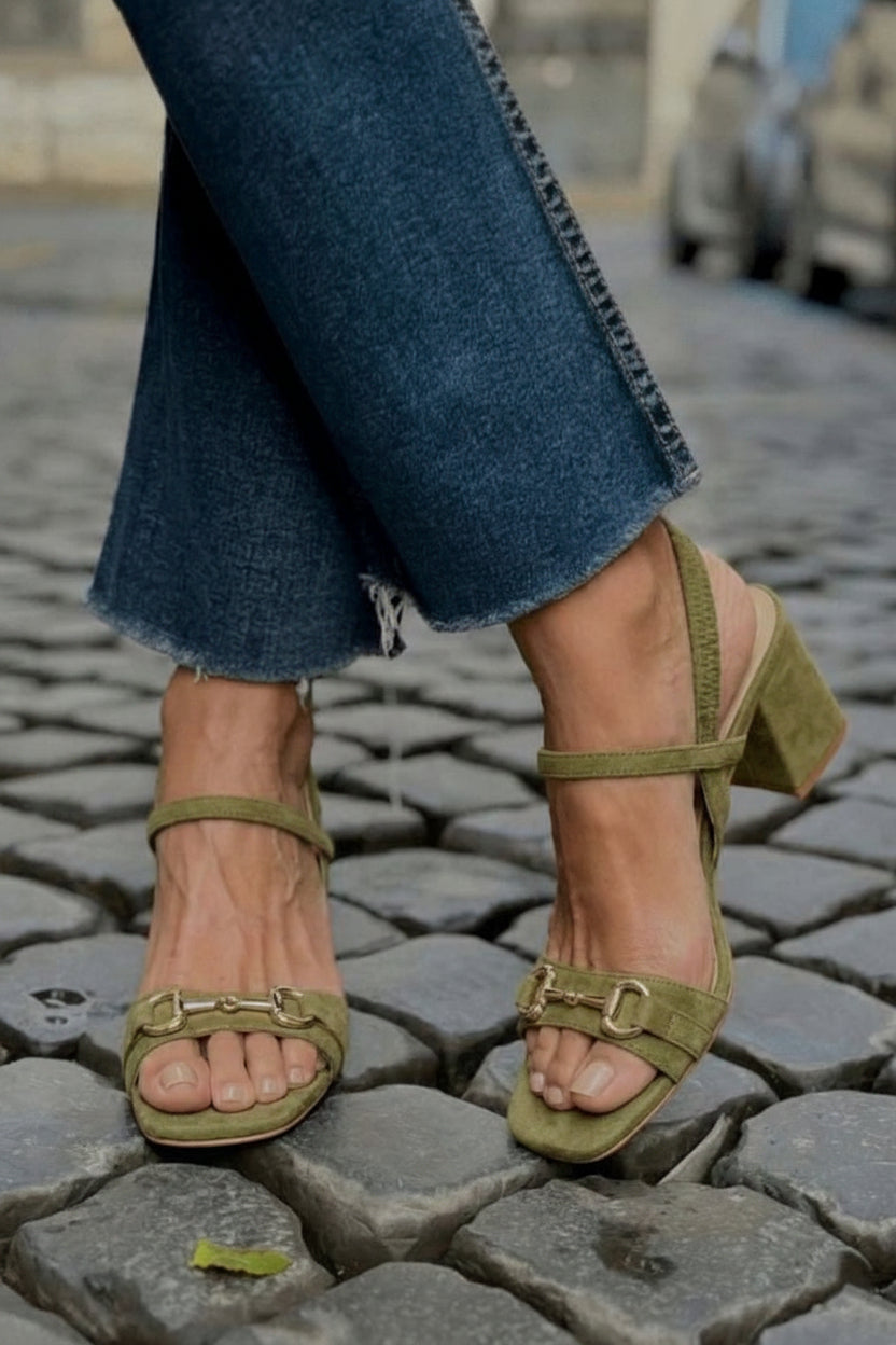 Olive Green Suede Horsebit Block Heel Slingback Sandals