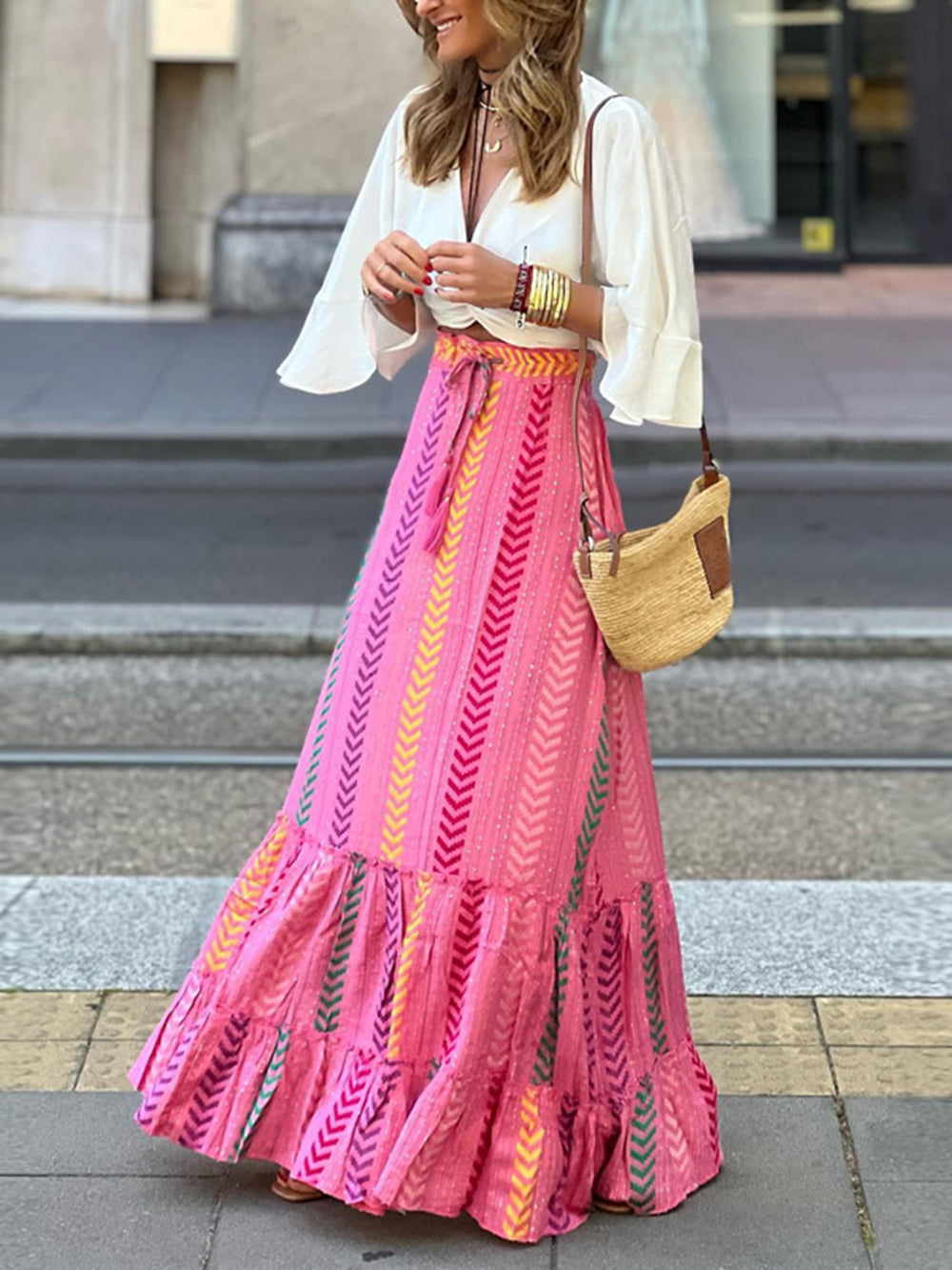 Maxirock mit Chevron-Muster, hoher Taille und Kordelzug, großer Schwung
