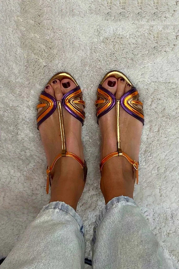 Mehrfarbige Peeptoe T-Riemchen Schnalle Goldene Sandalen