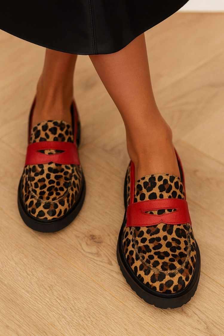 Leopard Print Colorblock Red Strap Chunky Loafers