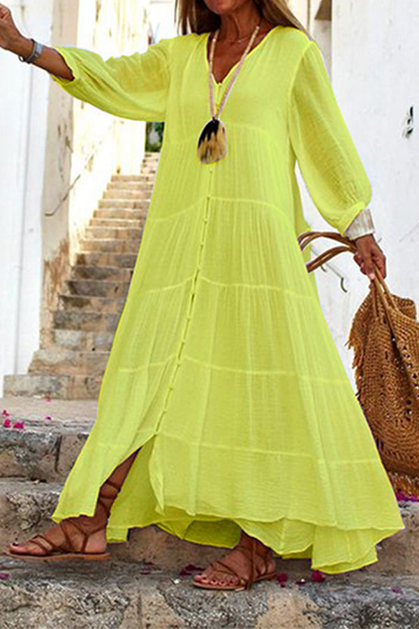 Seraphina Maxikleid aus Baumwoll-Leinen-Mischung mit Knopfleiste und Stufen-Design