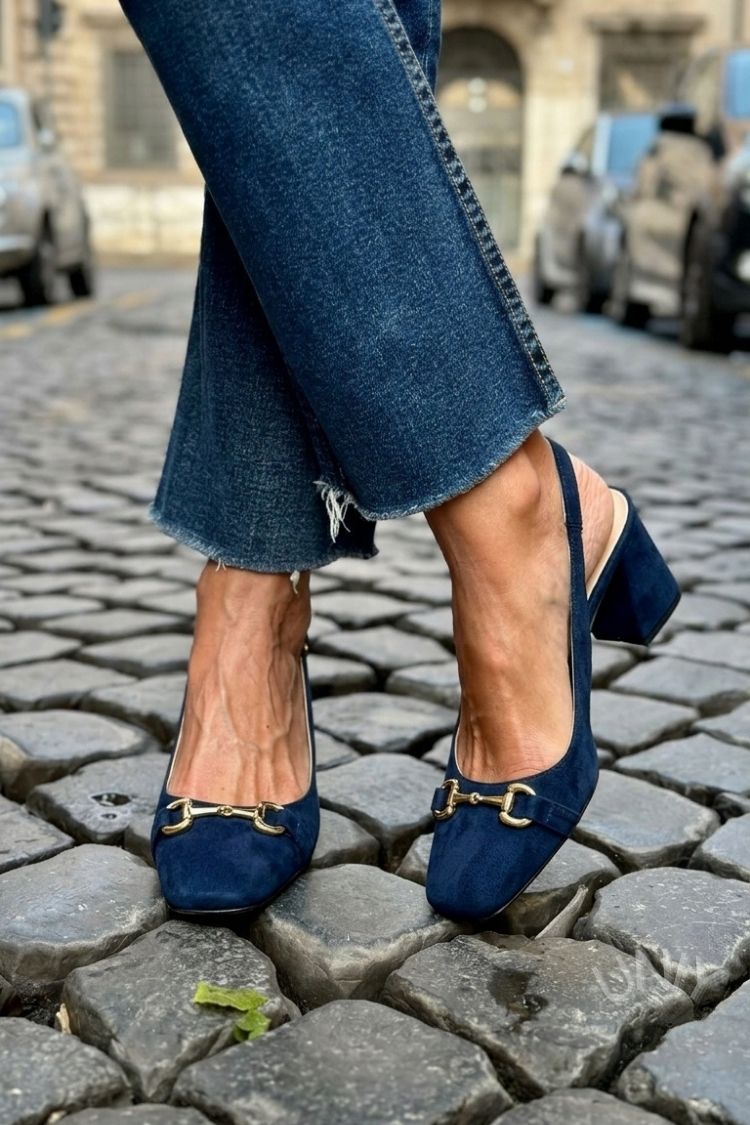 Olive Suede Slingback Bit Detail Block Heels