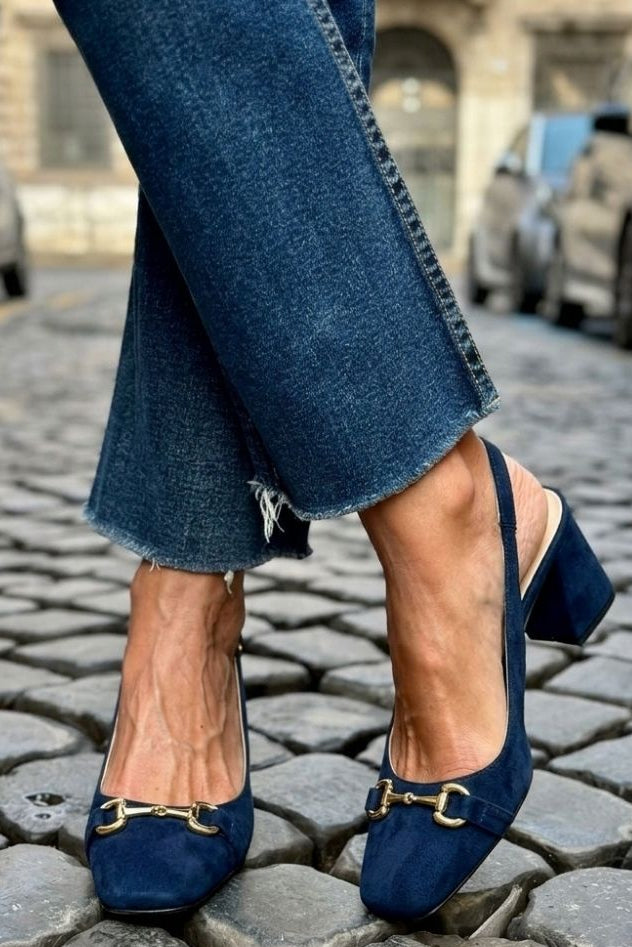 Olive Suede Slingback Bit Detail Block Heels