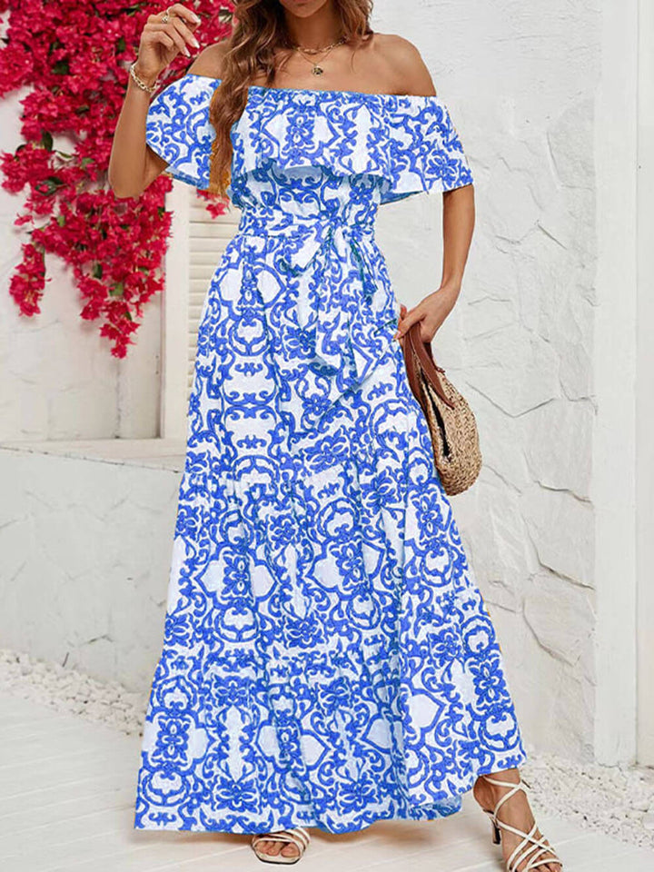Maxikleid mit einseitigem Träger, kurzen Ärmeln und Rüschenprint