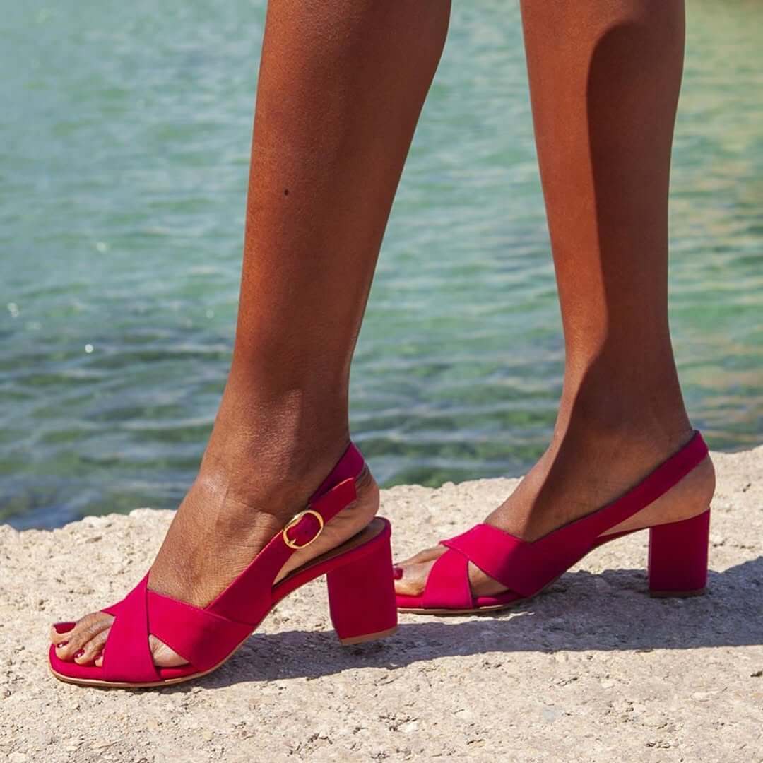 Faux Suede Cross Strap Slingback Block Heel Sandals