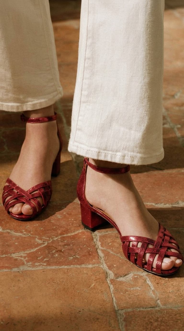 Woven Ankle Strap Buckle Peep Toe Gold Chunky Heels