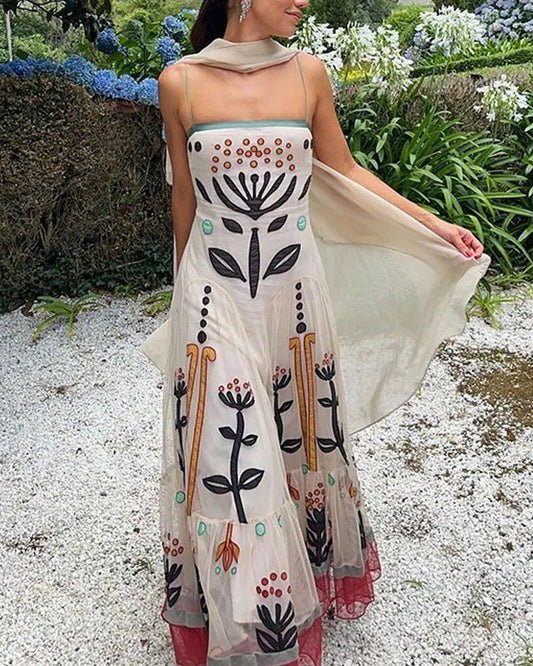 Elegante chiffon jurk met print en bandjes