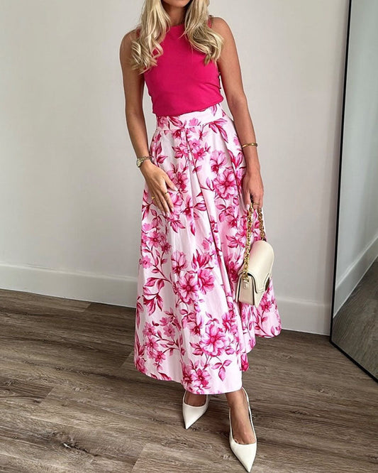 Elegante tanktop en rok met print, tweedelig set