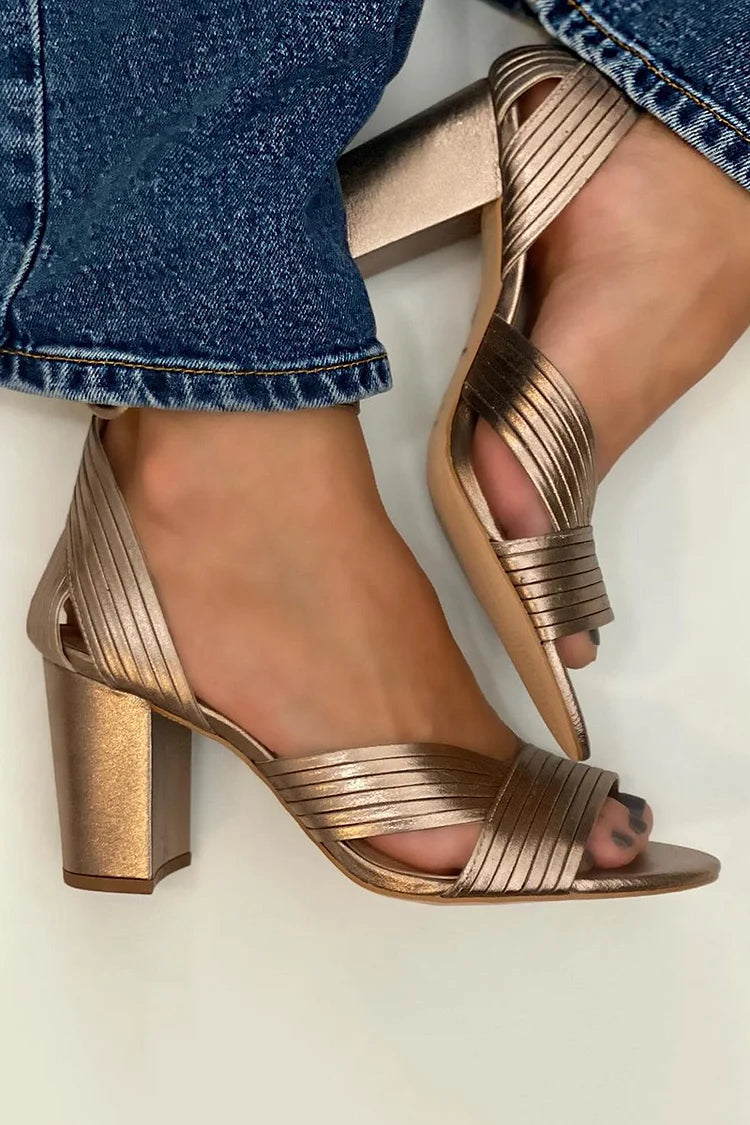 Textured Ribbed Sandals Toe Ankle Strap Gold Peep Heels