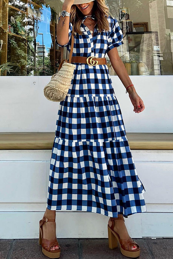 Vestido Slim Azul com Decote em V e Estampa Xadrez que Combina com Tudo
