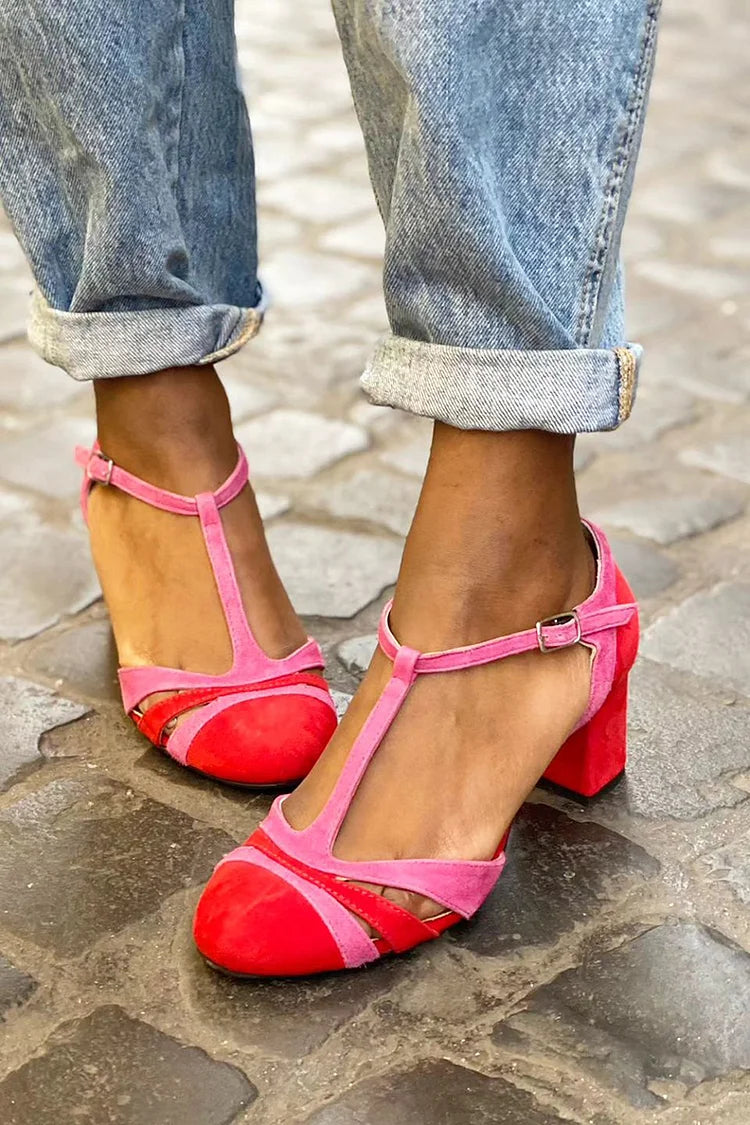 Colorblock Ausgeschnitten T-Riemchen Schnalle Fuchsia Klobige Absätze