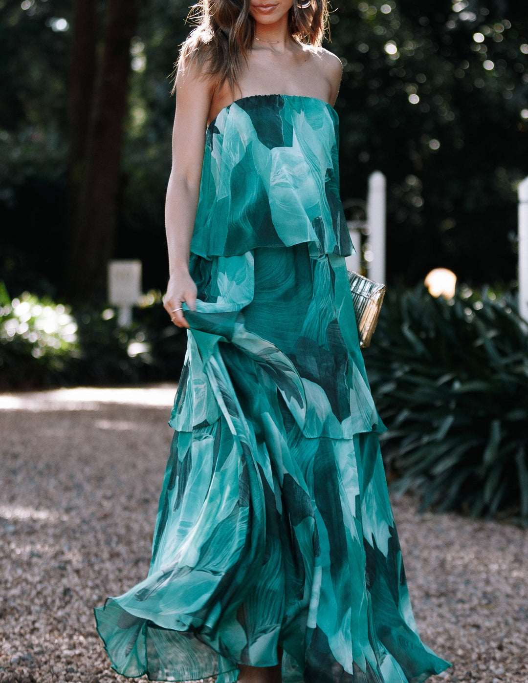 Vestido Maxi em Camadas Sem Alças Calista Verde Florido  