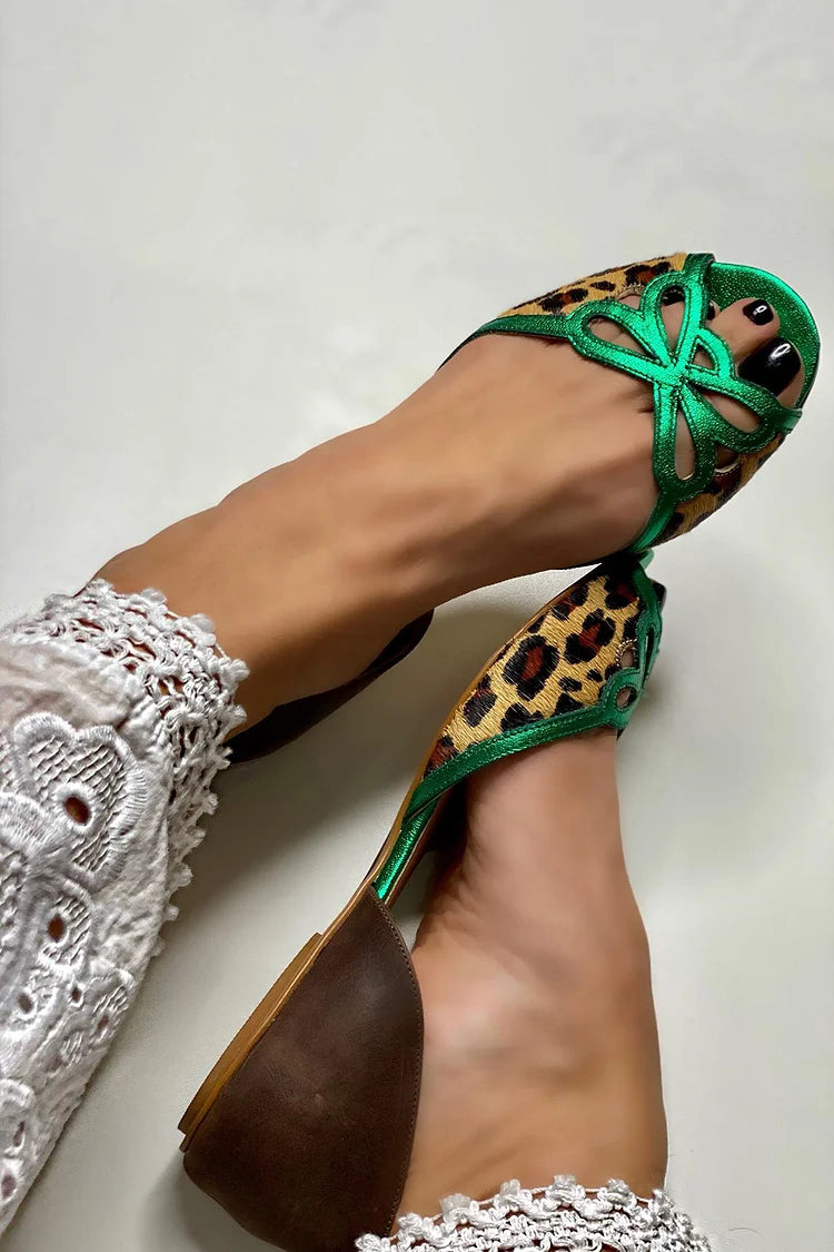 Hollow Out Leopard Print Colorblock Green Sandals
