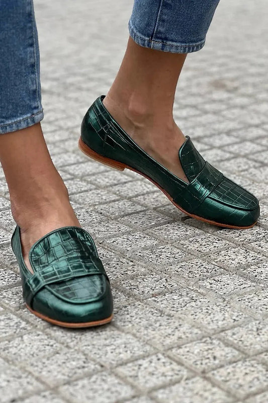 Metallic Schimmer Kariert Quadratische Spitze Slip-On Grüne Loafers