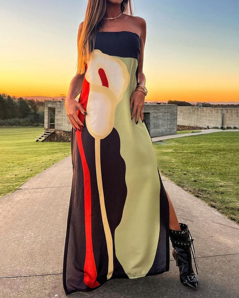 Modisches Kunstmuster trägerloses Kleid mit Schlitz