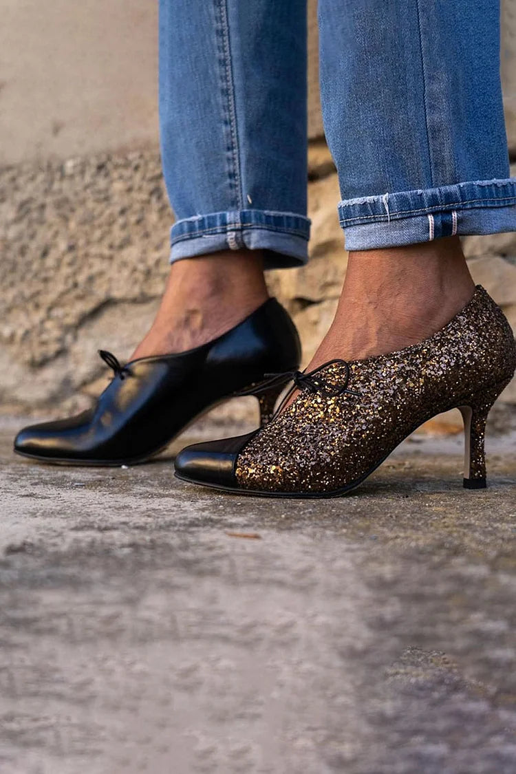 Patchwork Tied Up Round Toe Glitter Black Stiletto Heels [Pre Order]
