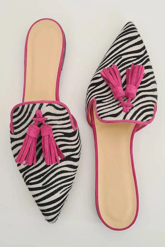 Zebra Streep Print Met Kwastjes Puntige Neus Casual Platte Muiltjes