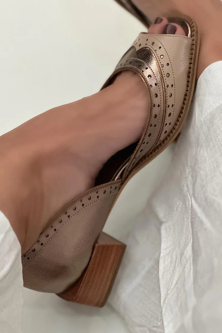 Patchwork Square Toe Slip On Khaki Low Block Heels