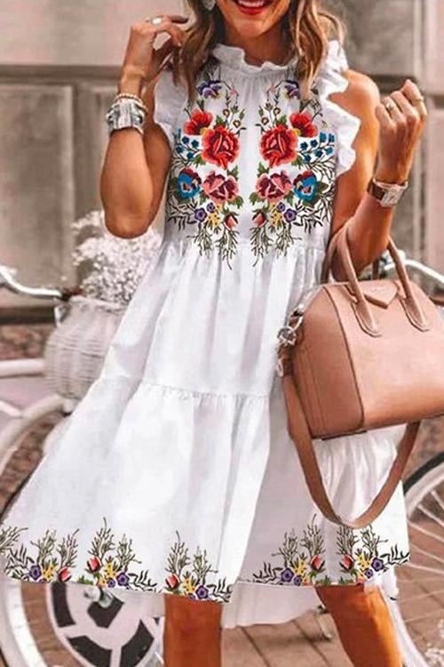 Abito midi con balze a stampa floreale casual