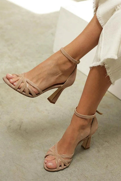 Patchwork Peep Toe Ankle Strap Brown Light Buckle Stiletto Heels