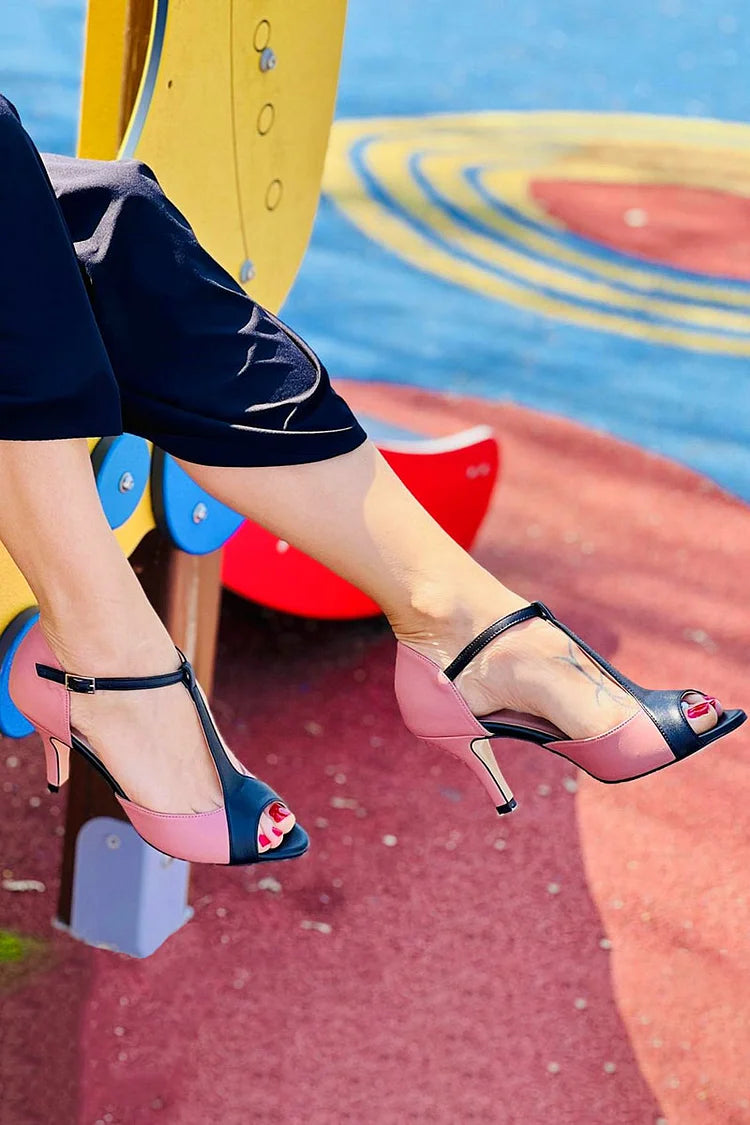T-Riemen Schnalle Peeptoe Colorblock pinke Stiletto-Absätze