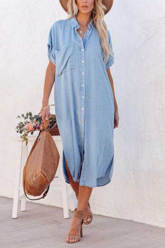 Modieuze effen kleur denim korte mouw lange split shirtjurk