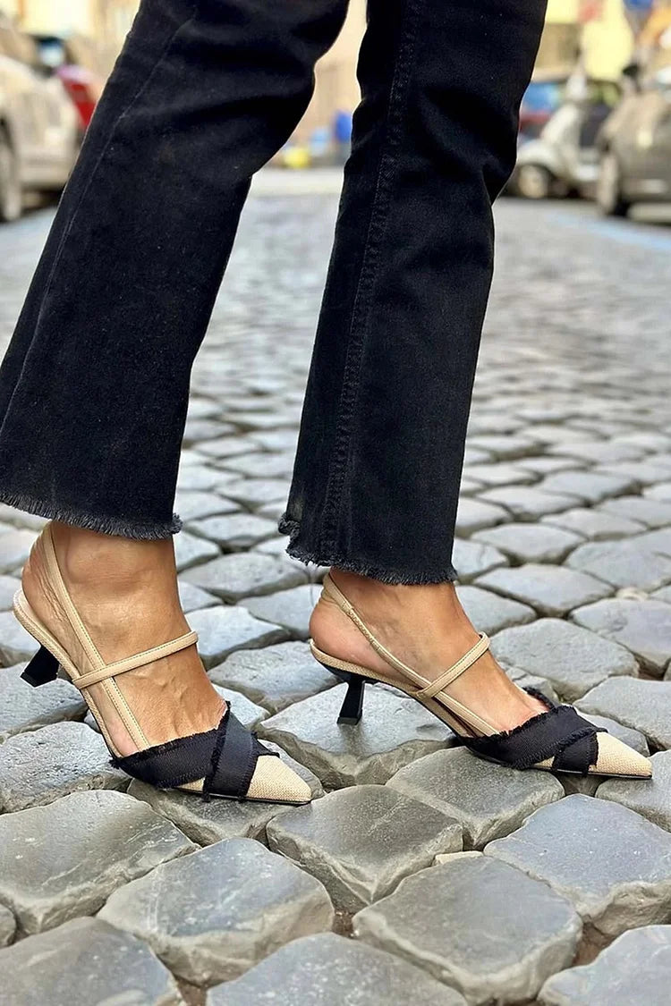Colorblock Raw Trim Pointed Toe Slingback Beige Sandals Heels