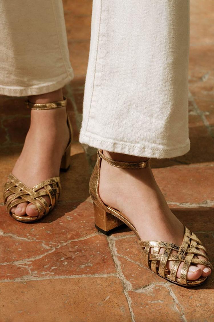 Woven Ankle Strap Buckle Peep Toe Gold Chunky Heels