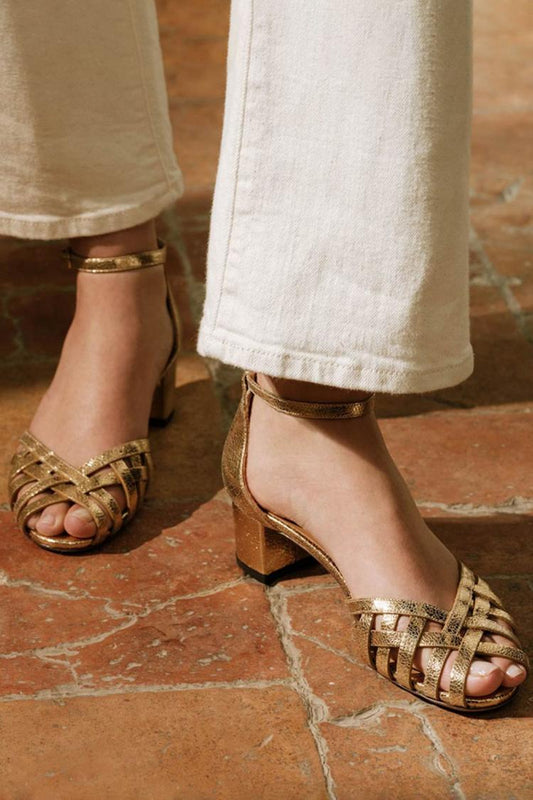 Woven Ankle Strap Buckle Peep Toe Gold Chunky Heels