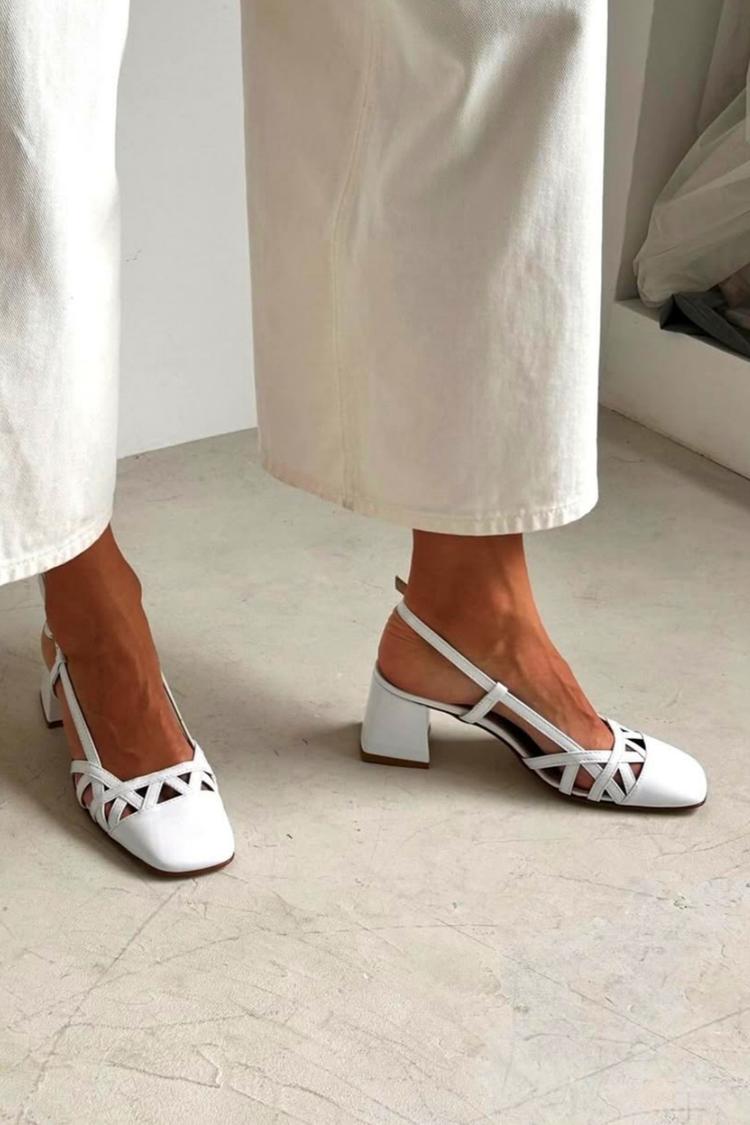 Hollow Out Square Toe Slingback White Chunky Heels