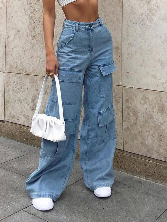 Jeans lavato multitasche a vita morbida, lungo fino a terra