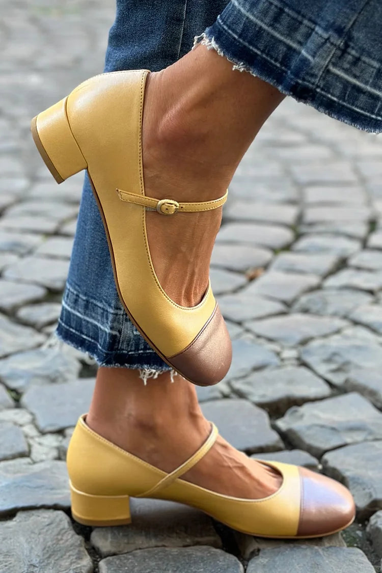 Quadratische Zehen Ristriemen Colorblock gelbe klobige Absätze