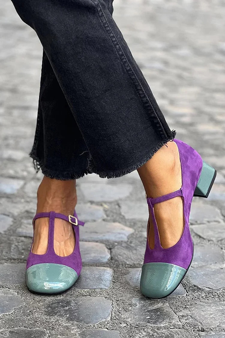 Colorblock T-Strap Buckle Round Toe Purple Chunky Heels