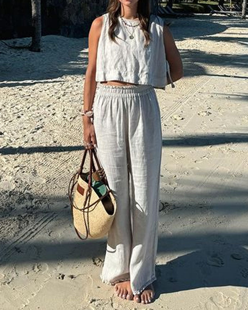 Conjunto de dos piezas casual de chaleco y pantalón con cordones y sólido