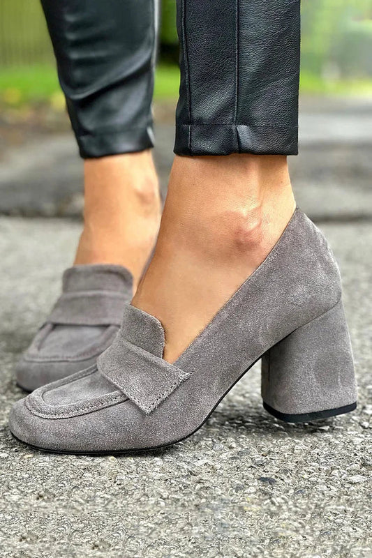 Quadratische Spitze Kunstwildleder Retro Loafers Graue Klobige Absätze