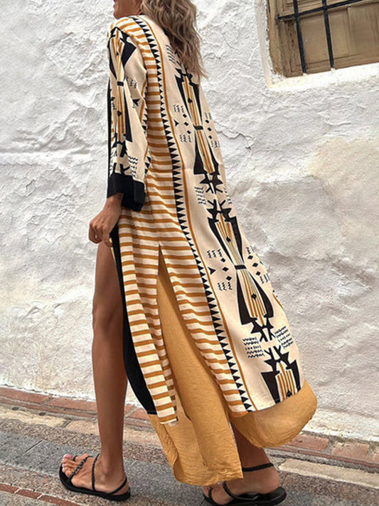 Retro geometrische etnische print kimono met open voorkant en split  