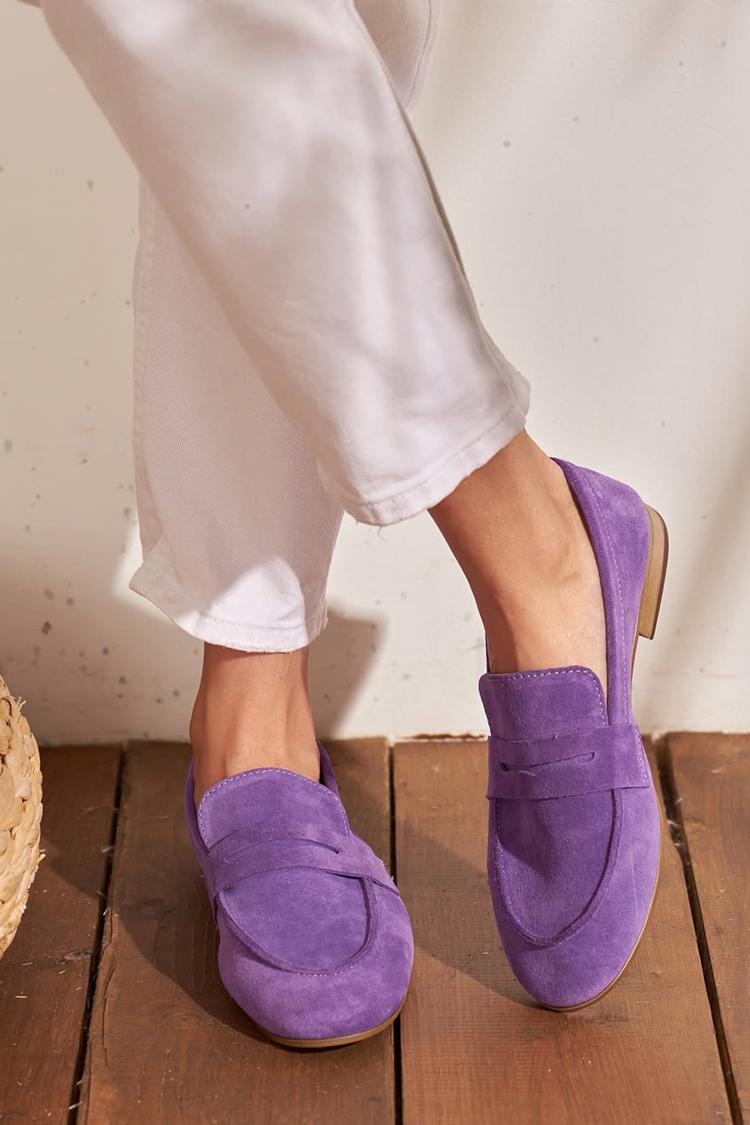 Solid Color Patchwork Round Toe Purple Loafers [Pre Order]
